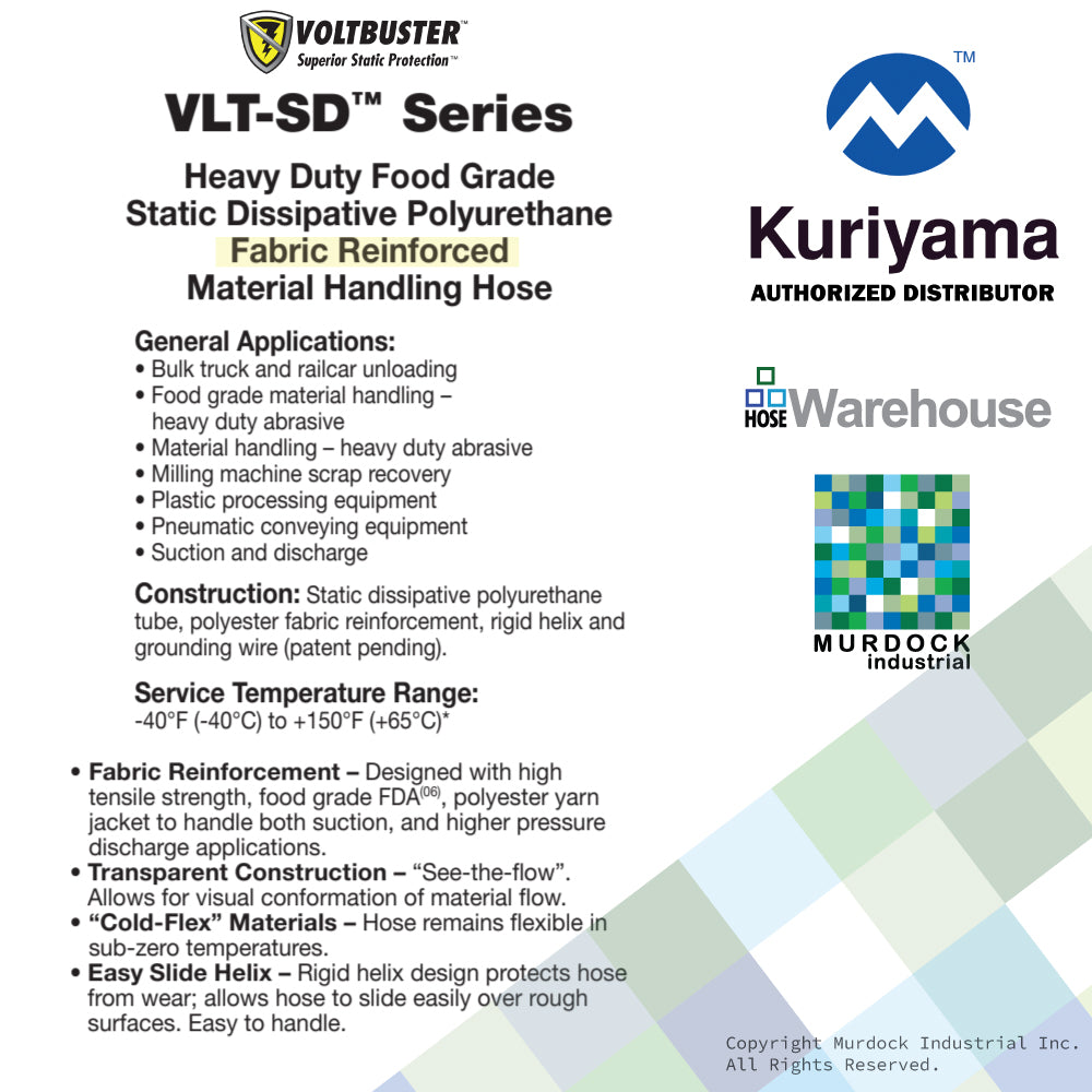 VLT-SD300X100 Tigerflex by Kuriyama | VLT Series | Heavy Duty Food Grade Static Dissipative Fabric Reinforced Material Handling Hose | 3" ID | Polyurethane | 100ft Length