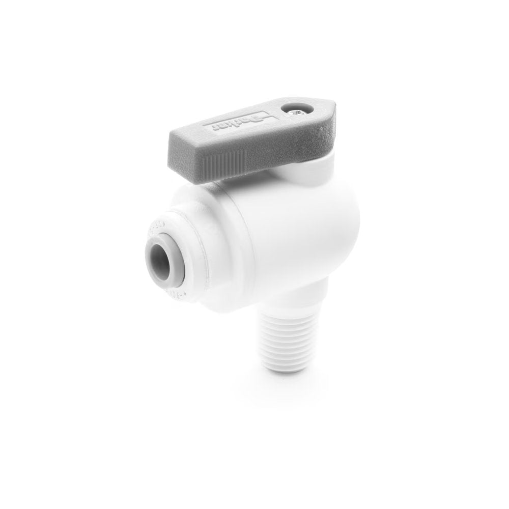 PP6VME8-MG by Parker | TrueSeal™ Ball Valve | 3/8" Push-to-Connect x 1/2" Male NPTF Thread | 2.37" Length | 1.85" Width | 90° Elbow | White | Polypropylene