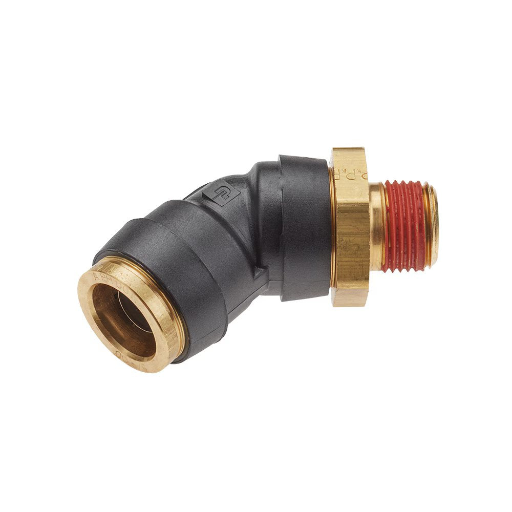 VS379PTCR-6-4 by Parker | Threaded Fitting | 3/8" Rigid Swivel Push-to-Connect x 1/4" Male NPT Threads | 3/4" Hex | 45° Elbow | Composite | Pack of 5