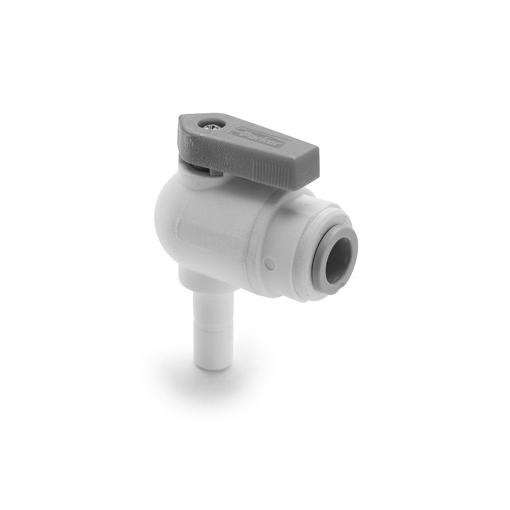 PP4VTEU6-MG by Parker | TrueSeal™ Ball Valve | 1/4" Push-to-Connect x 3/8" Stem | 2.43" Length | 90° Elbow | White | Polypropylene