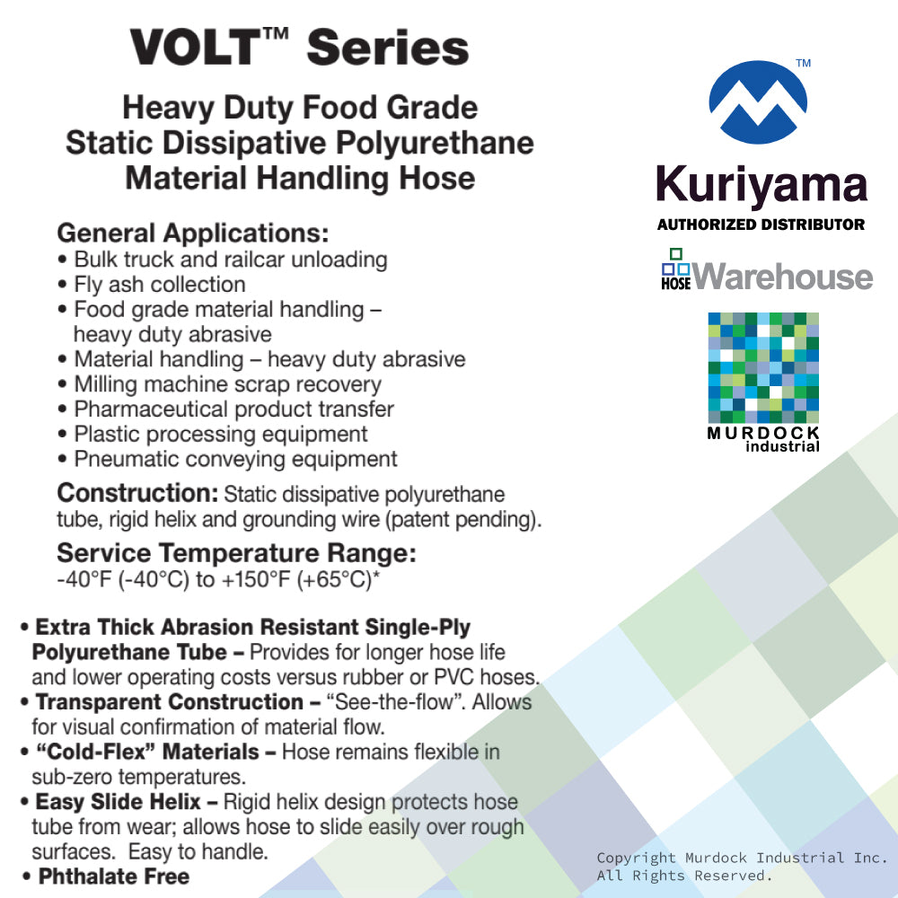 VOLT200X100 Tigerflex by Kuriyama | VOLTBUSTER™ | Heavy Duty Food Grade Static Dissipative Material Handling Hose | 2" ID | Polyurethane | 100ft Length