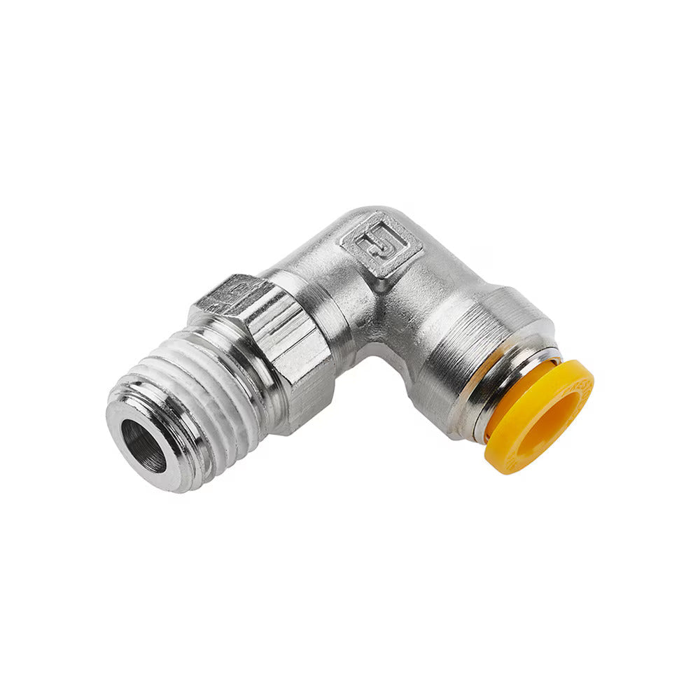 W169PLP-4M-2R by Parker | Prestolok PLP Push-to-Connect Fittings | Threaded Fittings | 4mm Swivel x 1/8" Male BSPT Thread | 7/16" Hex | 19.05mm Length (L) | 23.93mm Length (N) | 3.175mm Flow Dia. | 90° Elbow | Nickel-Plated Brass