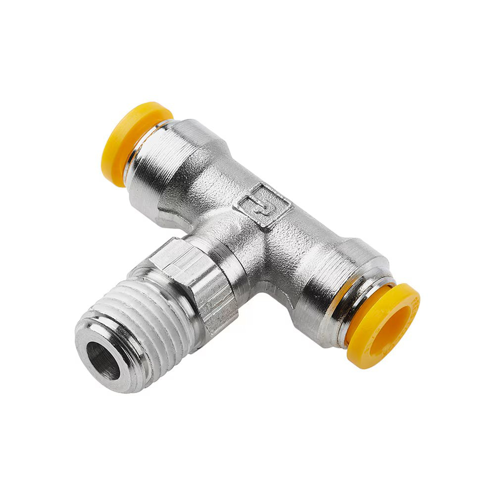 W172PLP-8M-2R by Parker | Prestolok PLP Push-to-Connect Fittings | Threaded Fitting | 8mm Swivel Push-to-Connect x 8mm Swivel Push-to-Connect x 1/8" Male BSPT Thread | 9/16" Hex | Tee | Nickel-Plated Brass