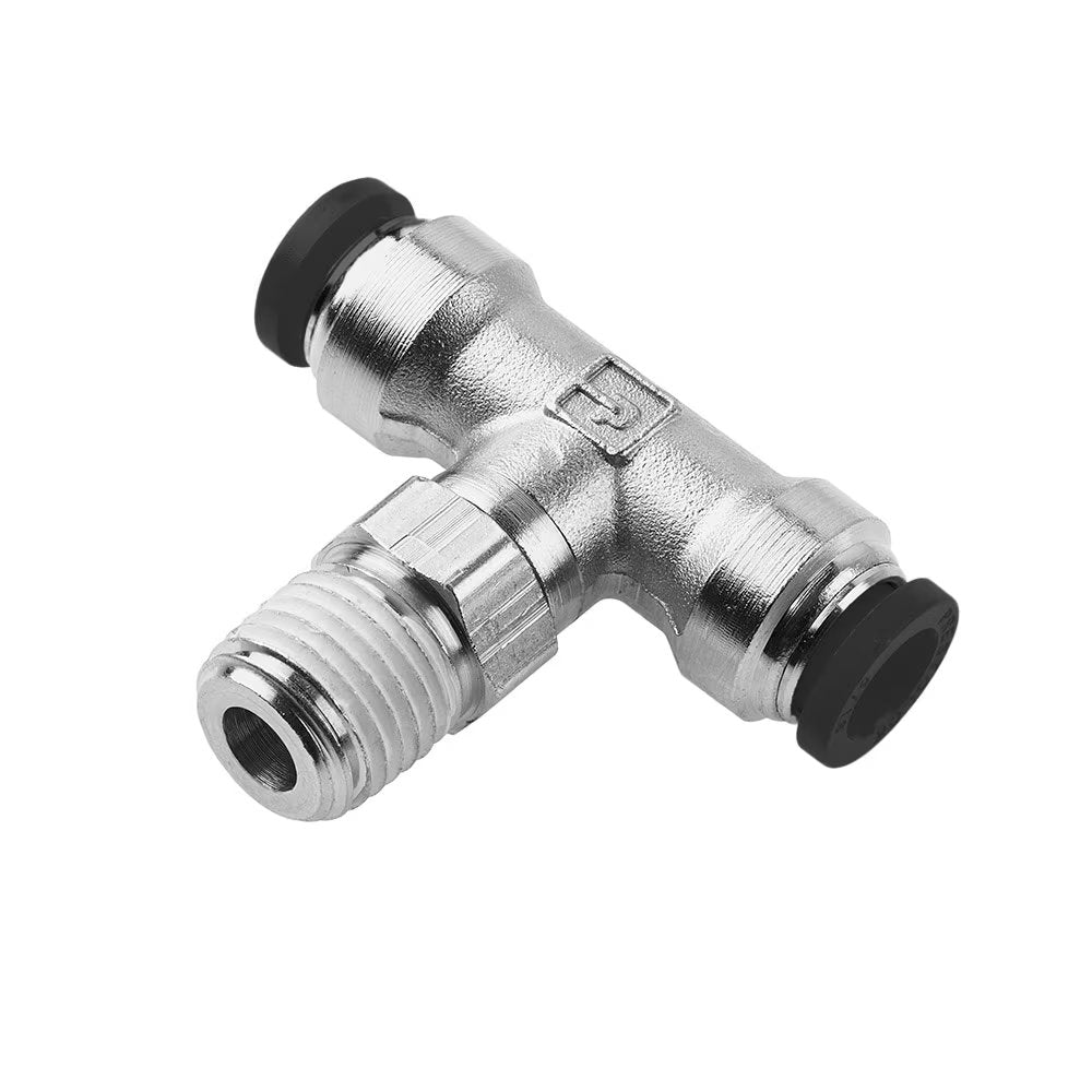 W172PLP-4-4 by Parker | Prestolok PLP Push-to-Connect Fittings | Threaded Fitting | 1/4" Swivel Push-to-Connect x 1/4" Swivel Push-to-Connect x 1/4" Male NPTF Thread | 9/16" Hex | Tee | Nickel-Plated Brass | Pack of 10