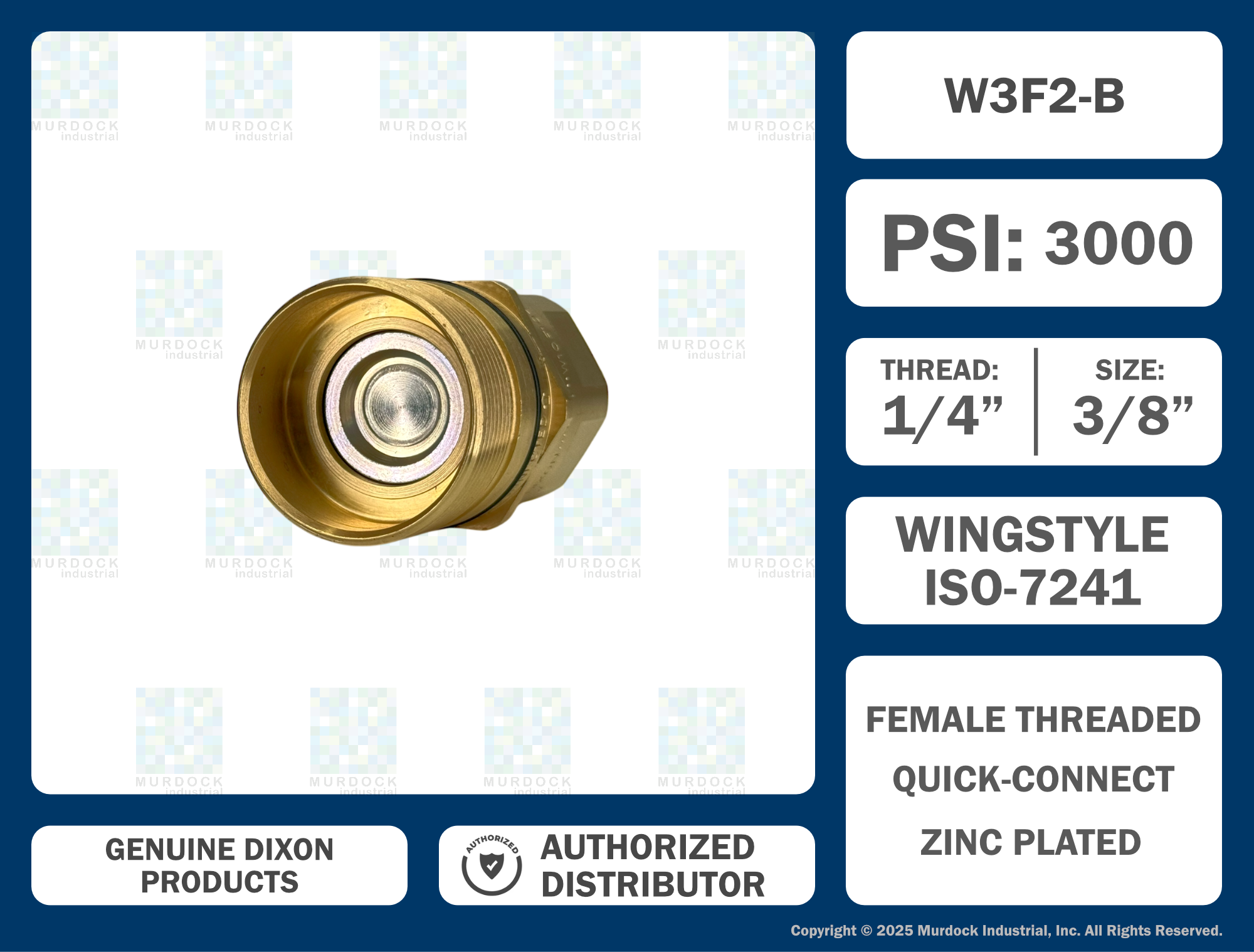 W3F2-B by Dixon Valve | Hydraulic Quick Disconnect Coupling | W-Series | 1/4" Female NPTF x 3/8" Wingstyle Interchange | Plug | Nitrile Seal | Brass