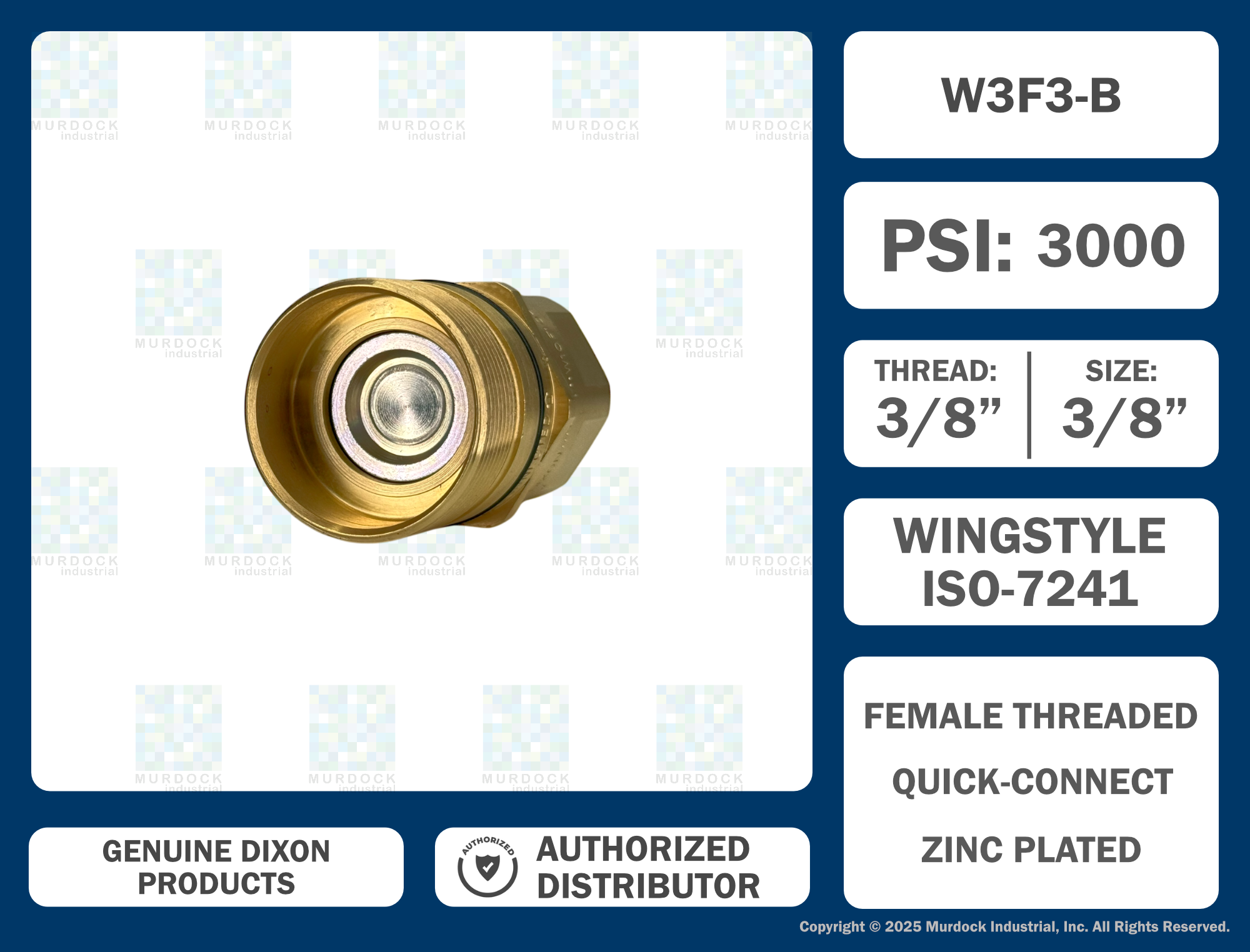 W3F3-B by Dixon Valve | Hydraulic Quick Disconnect Coupling | W-Series | 3/8" Female NPTF x 3/8" Wingstyle Interchange | Plug | Nitrile Seal | Brass