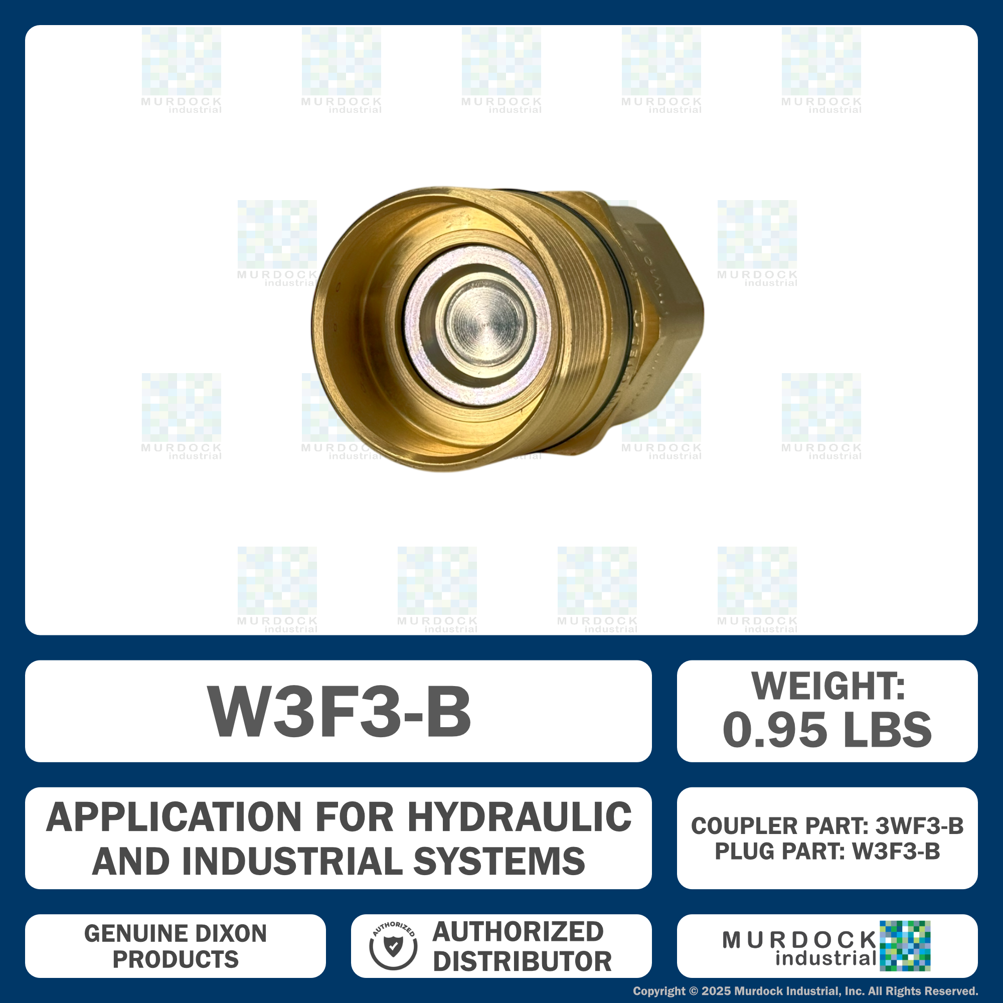 W3F3-B by Dixon Valve | Hydraulic Quick Disconnect Coupling | W-Series | 3/8" Female NPTF x 3/8" Wingstyle Interchange | Plug | Nitrile Seal | Brass