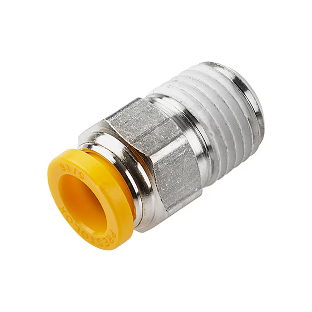 W68PLP-6M-6R by Parker | Prestolok PLP Push-to-Connect Fittings | Threaded Fitting | 6mm Connector x 3/8" Male BSPT Thread | 11/16" Hex | 26.46mm Length | 4.775mm Flow Dia. | Straight | Nickel-Plated Brass