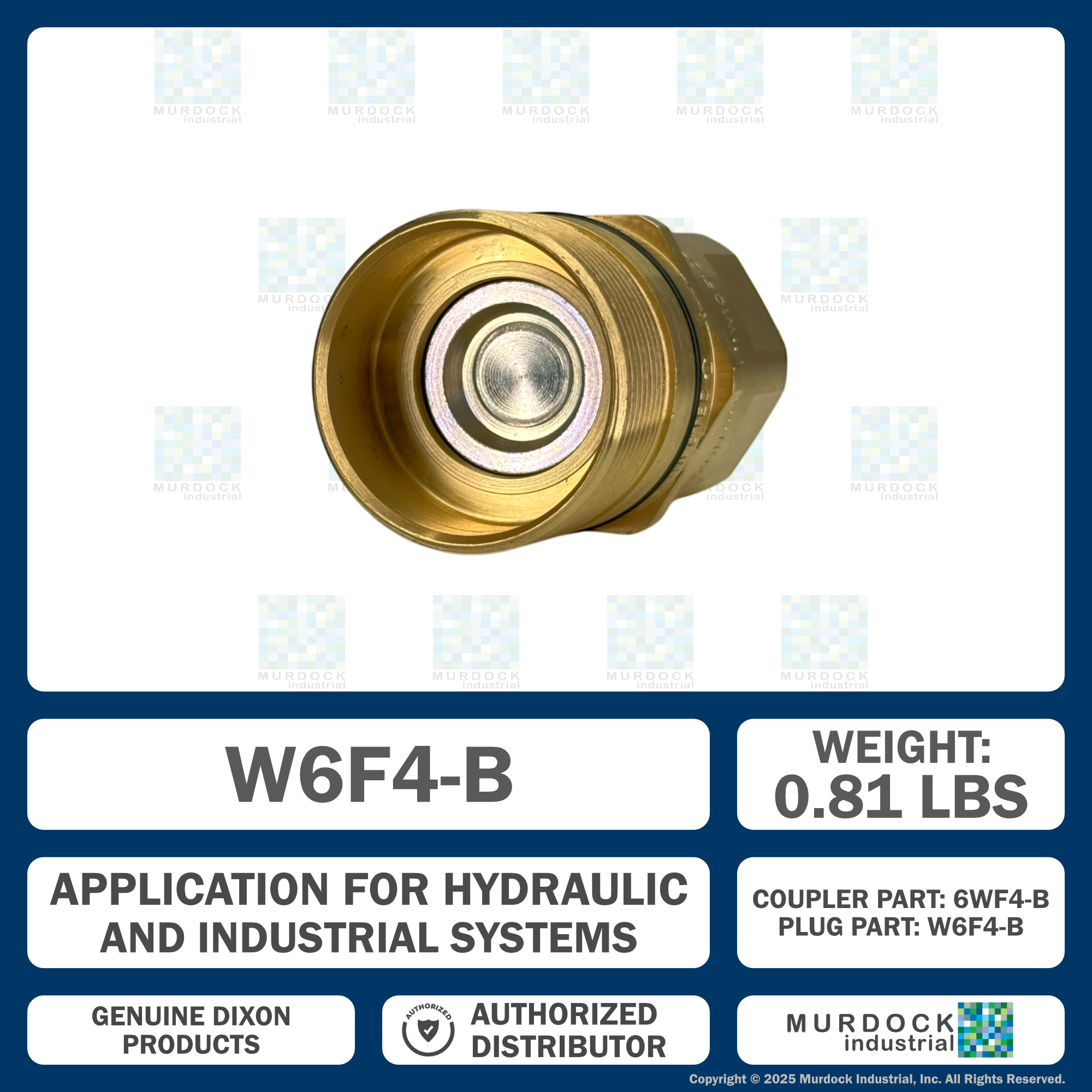 W6F4-B by Dixon Valve | Hydraulic Quick Disconnect Coupling | W-Series | 1/2" Female NPTF x 3/4" Wingstyle Interchange | Plug | Nitrile Seal | Brass
