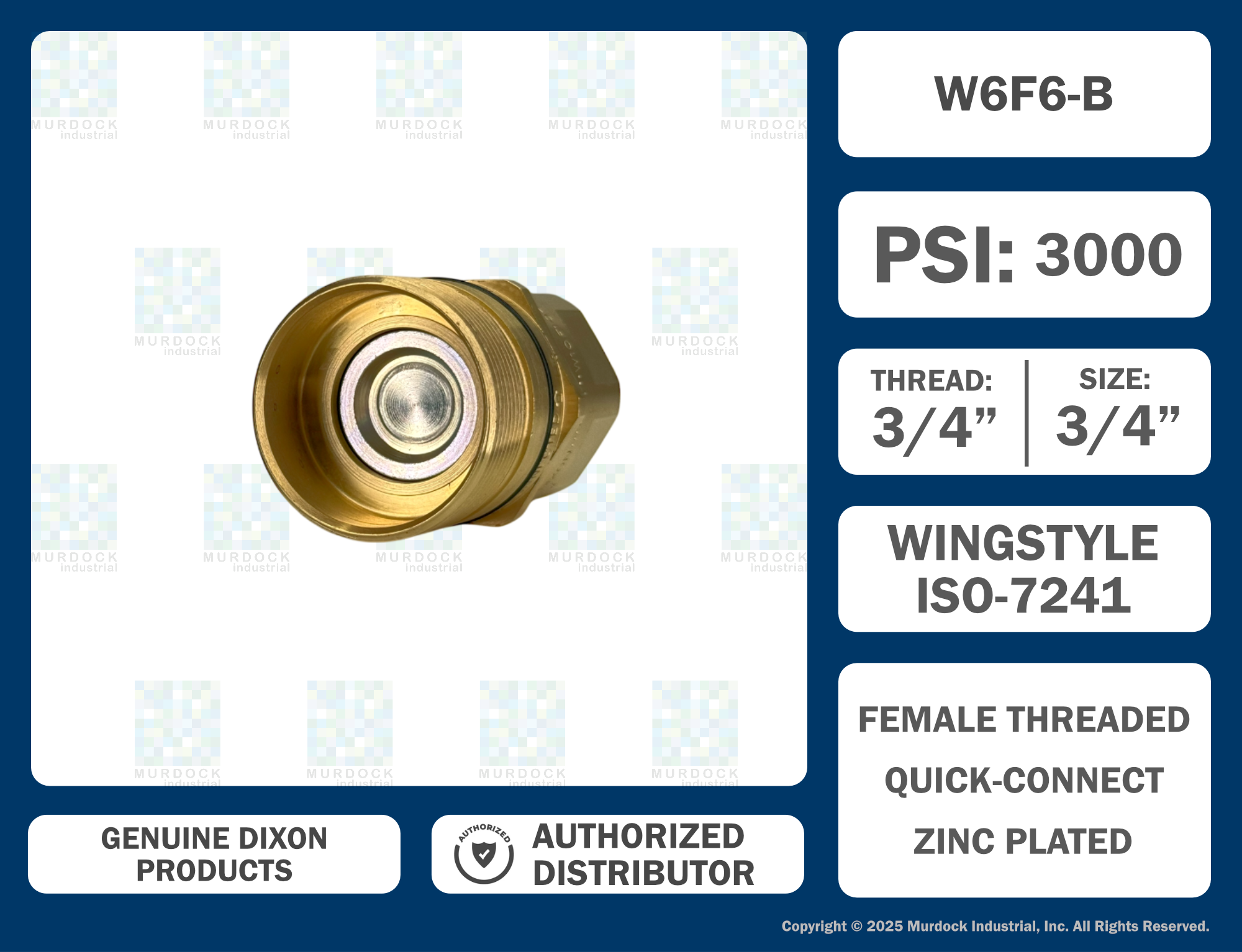 W6F6-B by Dixon Valve | Hydraulic Quick Disconnect Coupling | W-Series | 3/4" Female NPTF x 3/4" Wingstyle Interchange | Plug | Nitrile Seal | Brass