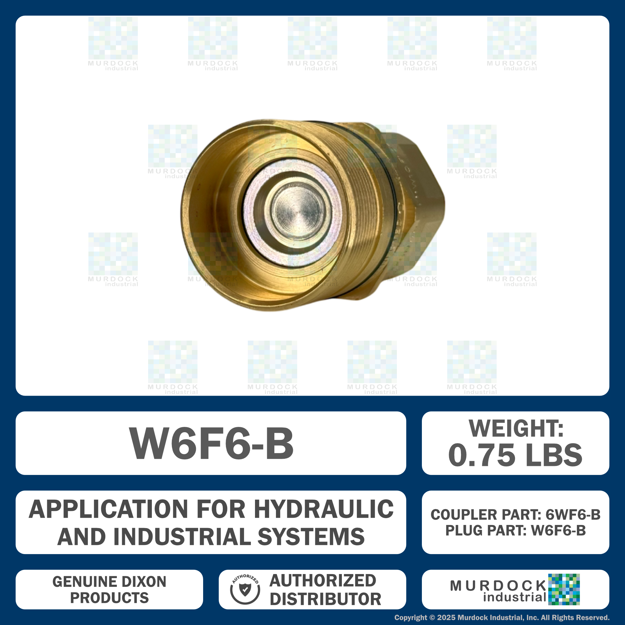 W6F6-B by Dixon Valve | Hydraulic Quick Disconnect Coupling | W-Series | 3/4" Female NPTF x 3/4" Wingstyle Interchange | Plug | Nitrile Seal | Brass