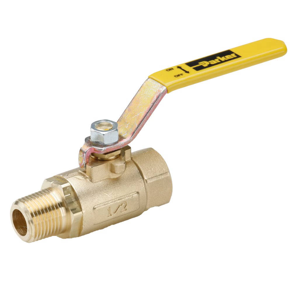 V501P-8 by Parker | Ball Valves | 1/2" Female PTF Pipe Thread x 1/2" Male NPTF Pipe Thread | 1-1/16" Hex (B) | 1-1/16" Hex (C) | 5.75" Length | Straight | Brass | Pack of 8