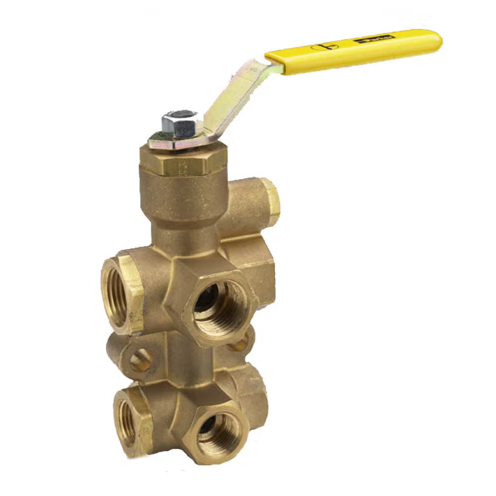 V633P-8-6 by Parker | Ball Valves | 1/2" Female Pipe Thread Top Port x 3/8" PTF Bottom Port | 1-1/16" Hex (B) | 15/16" Hex (C) | 5.43" Length | Straight | Brass