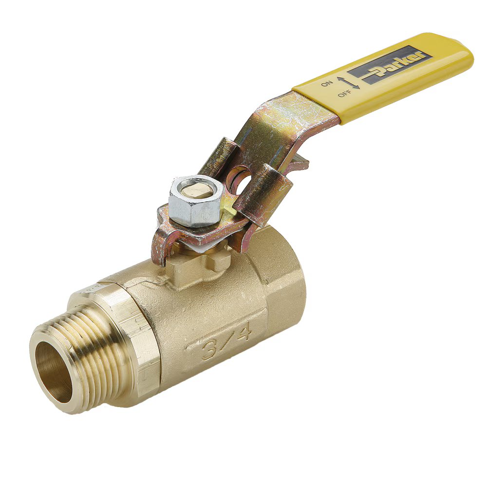 VP501P-16 by Parker | Ball Valves | 1" Female PTF Pipe Thread x 1" Male NPTF Pipe Thread | 1-1/2" Hex (B) | 1-9/16" Hex (C) | 6.19" Length | Straight | Brass