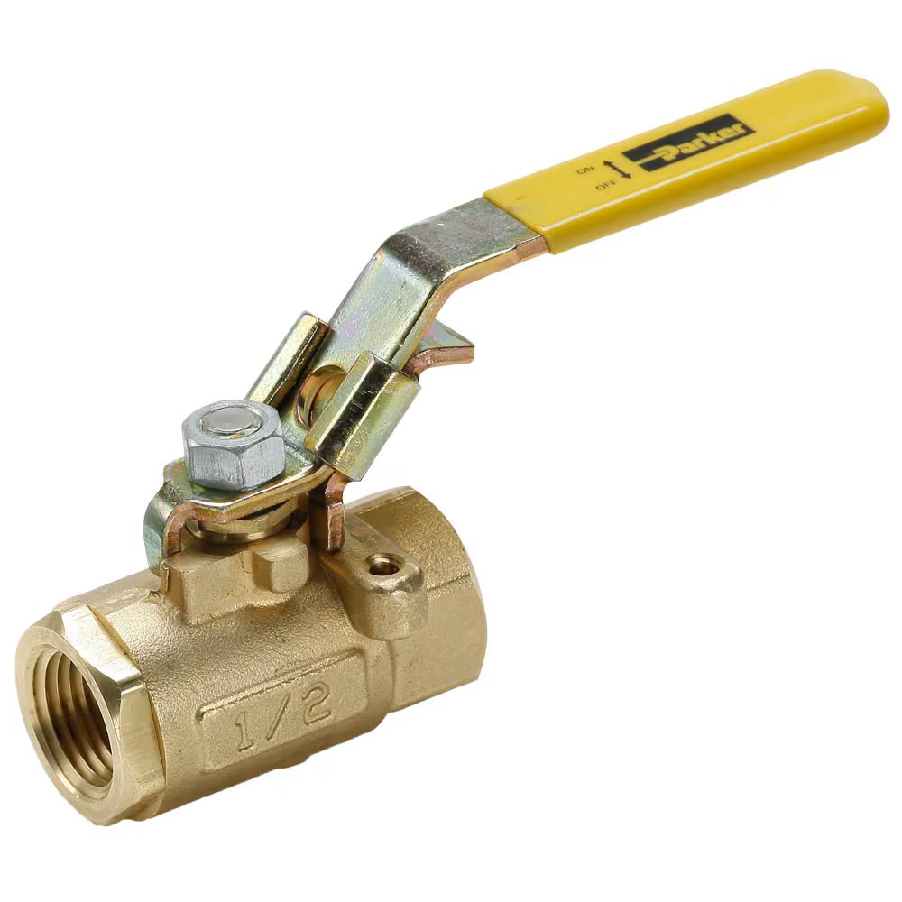 VP502P-4 by Parker | Ball Valve | 1/4" Female PTF Pipe Thread | 15/16" Hex (B) | 15/16" (C) | 4.90" Length | Straight | Brass