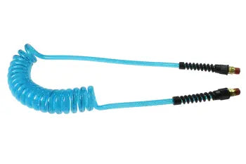 PUE38-10B-T by Coilhose | Flexeel® Reinforced Coiled Air Hose | 3/8" Hose ID x 9/16" Hose OD | 3/8" Male NPT Swivel Reusable Strain Relief Fittings | Transparent Blue | Polyurethane | 10ft