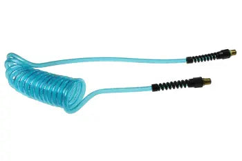 PU14-256-T by Coilhose | Flexcoil Air Hose | 1/4" Hose ID x 3/8" Hose OD | 3/8" Male NPT Rigid Strain Relief Fittings | Transparent Blue | Polyurethane | 25ft