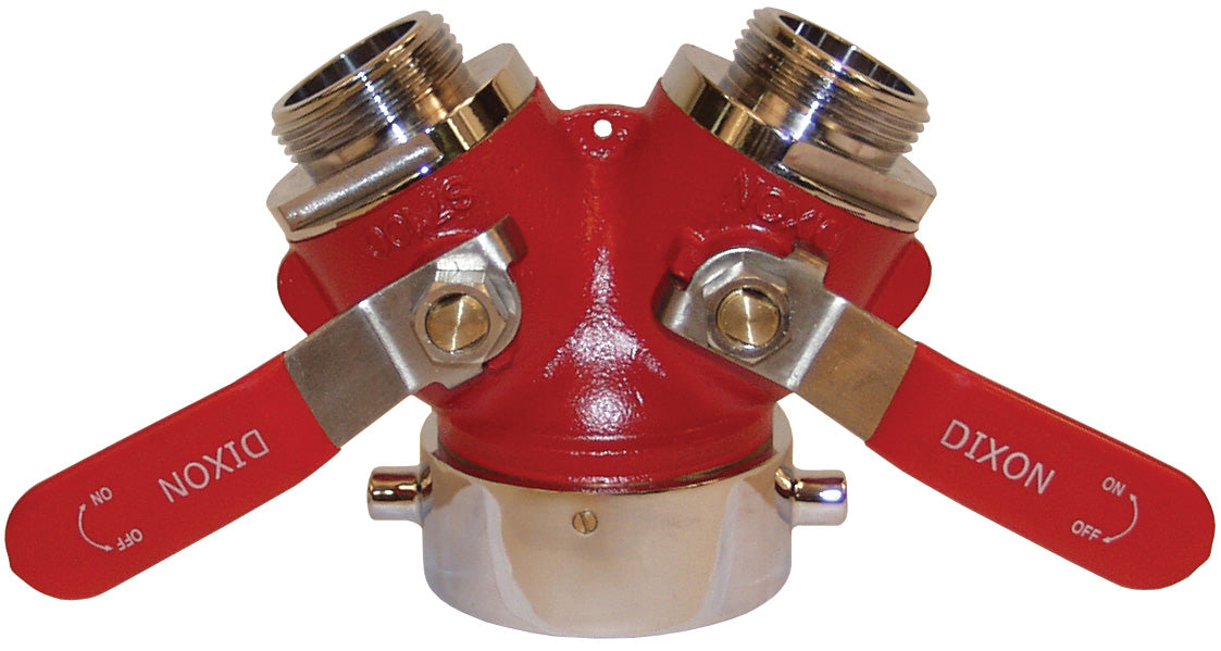 S7100 Dixon Cast Brass Full Flow 1/4 Turn Ball Type Hose Valve - Female 2-1/2" NST(NH) Swivel Inlet x 1-1/2" Male NST(NH) Outlets (Two)