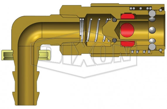 3CM9B4-B by Dixon Valve | Hydraulic Quick Disconnect Coupling | CM-Series | Push-Loc Hose Barb | 90° Elbow | 1/2" Hose ID x 3/8" Industrial Mold Interchange | Socket | Valved | Silicone Seal | Brass