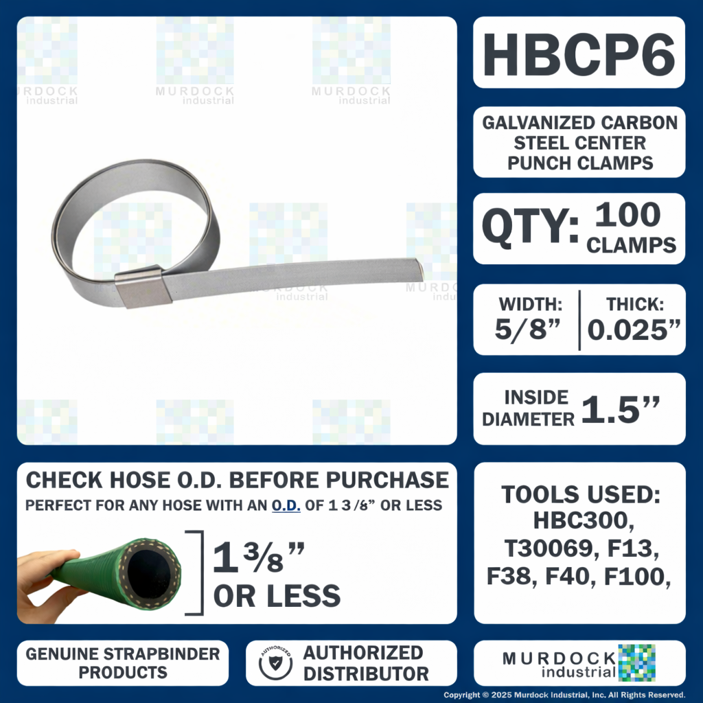 HBCP6 by Strapbinder | Center Punch Clamp | 1-1/2" ID | 5/8" Width | .027" Thickness | Galvanized Carbon Steel | Box of 100