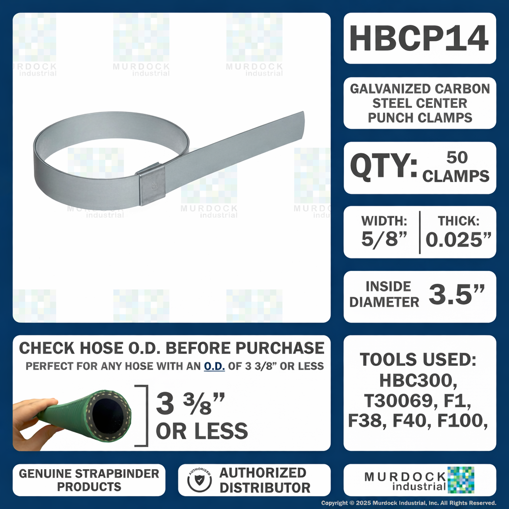 HBCP14 by Strapbinder | Center Punch Clamp | 3-1/2" ID | 5/8" Width | .027" Thickness | Galvanized Carbon Steel | Box of 50