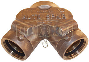 DCS4025F Dixon Auto-Spkr Cast Brass Straight Double Clapper Siamese Connection - Back Outlet - 4" Female NPT Outlet x Two 2-1/2" Female NST(NH) Inlets
