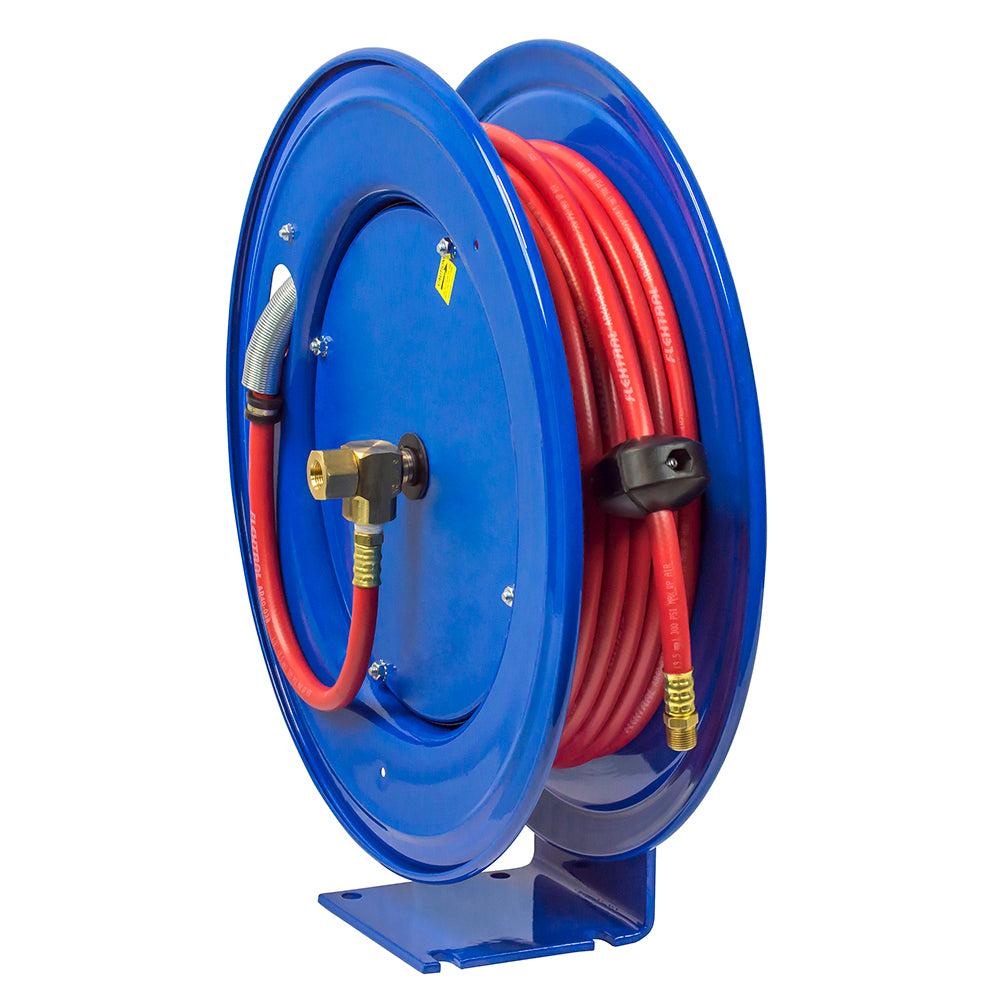 E-MP-430 by Coxreels | E Series | 2,500 PSI Spring Driven Hose Reel for Air, Water & Oil | 1/2" Hose ID, 1/2" FNPT Inlet x 1/2" MNPT Hose End | Steel | 30ft Rubber Hose Included