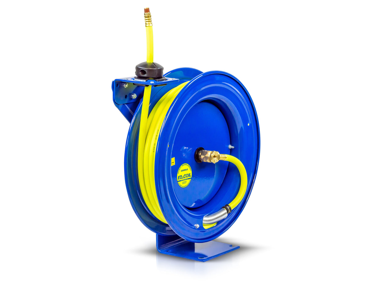 EZ-SH-450-HV by Coxreels | EZ-SH HI-VIS Series | 300 PSI EZ-Coil Safety Spring Driven Hose Reel for Air & Water | 1/2" Hose ID, 1/2" FNPT Inlet x 1/2" MNPT Hose End | Steel | 50ft PVC/Rubber Hybrid Hose Included