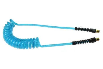 PUE38-254-T by Coilhose | Flexeel® Reinforced Coiled Air Hose | 3/8" Hose ID x 9/16" Hose OD | 1/4" Male NPT Rigid Reusable Strain Relief Fittings | Transparent Blue | Polyurethane | 25ft