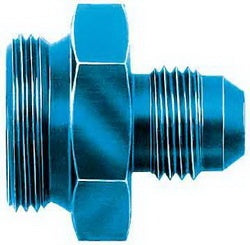 FBM2114 (FCM2114) Eaton Aeroquip® Fuel System Carburetor Adapter: -06 Holley Dual Feed 750 through Dominator 1350 Series and Quadrajet up to 1974 with 7/8-20 thread - Blue Anodized Aluminum