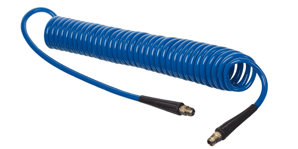 HSC2846-06X50 Kuri-Tec by Kuriyama | HSC2846 Series | Self-Store Coiled Tubing Assemblies for Air Tool Service | 3/8" ID | .570" OD | 3/8" x 1/4" Male NPT Fittings | Ether-Based Polyurethane | Blue | 50ft Length
