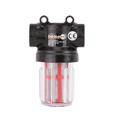 LSTM050-30C by Banjo | Mini T Line Strainer with Clear Bowl | 1/2" x 1/2" Strainer with 30 Mesh Screen | Gasket: EPDM | 100 PSI | Polypropylene