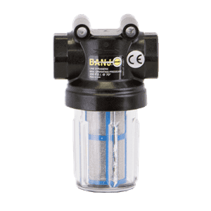 LSTM050-50C by Banjo | Mini T Line Strainer with Clear Bowl | 1/2" x 1/2" Strainer with 50 Mesh Screen | Gasket: EPDM | 100 PSI | Polypropylene