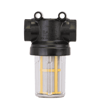LSTM050-80C by Banjo | Mini T Line Strainer with Clear Bowl | 1/2" x 1/2" Strainer with 80 Mesh Screen | Gasket: EPDM | 100 PSI | Polypropylene
