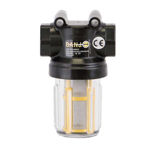 LSTM075-80C by Banjo | Mini T Line Strainer with Clear Bowl | 3/4" x 3/4" Strainer with 80 Mesh Screen | 100 PSI | Polypropylene