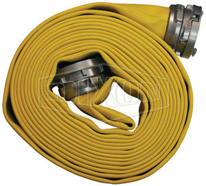 H440Y50SZ Dixon Nitrile Covered Fire Hose - Heavy Duty - Yellow - Coupled - Female x Male Segmented Collar Style Couplings (Aluminum) - 4" Hose and Storz Size - 4-3/8" Bowl Size - 50ft Length