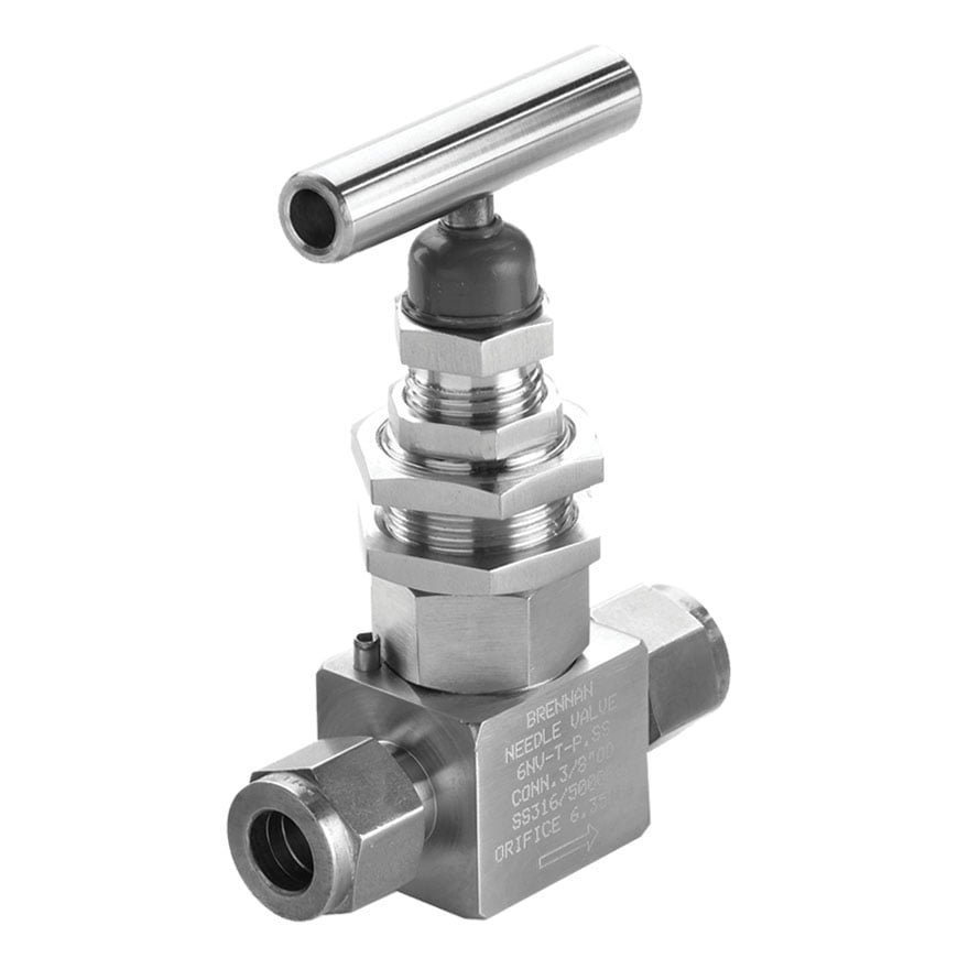 NVN-2038-B by Brennan Inc. | Needle Valve | -08 Instrumentation Fitting x -08 Instrumentation Fitting | Integral Bonnet | Vee Stem | Brass