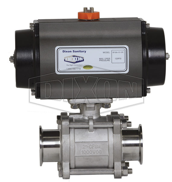 BV2CV-075CC-BCC Dixon Valve 3/4" Pneumatically Actuated 3-Piece Sanitary Clamp End Ball Valve - 316 Stainless Steel - Double Acting - Seat: Virgin PTFE