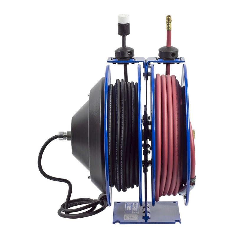 C-L350-5016-X by Coxreels | C Air-Electric Series | 300 PSI Spring Driven Air Hose & Power Cord Combination Reel | 3/8" Hose ID, 3/8" FNPT Inlet x 3/8" MNPT Hose End | 16/3 SJTO Cord, 13A | Steel | 50ft PVC Hose & 50ft Cord Included