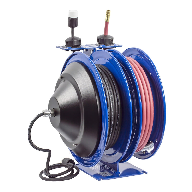 C-L350-5016-X by Coxreels | C Air-Electric Series | 300 PSI Spring Driven Air Hose & Power Cord Combination Reel | 3/8" Hose ID, 3/8" FNPT Inlet x 3/8" MNPT Hose End | 16/3 SJTO Cord, 13A | Steel | 50ft PVC Hose & 50ft Cord Included