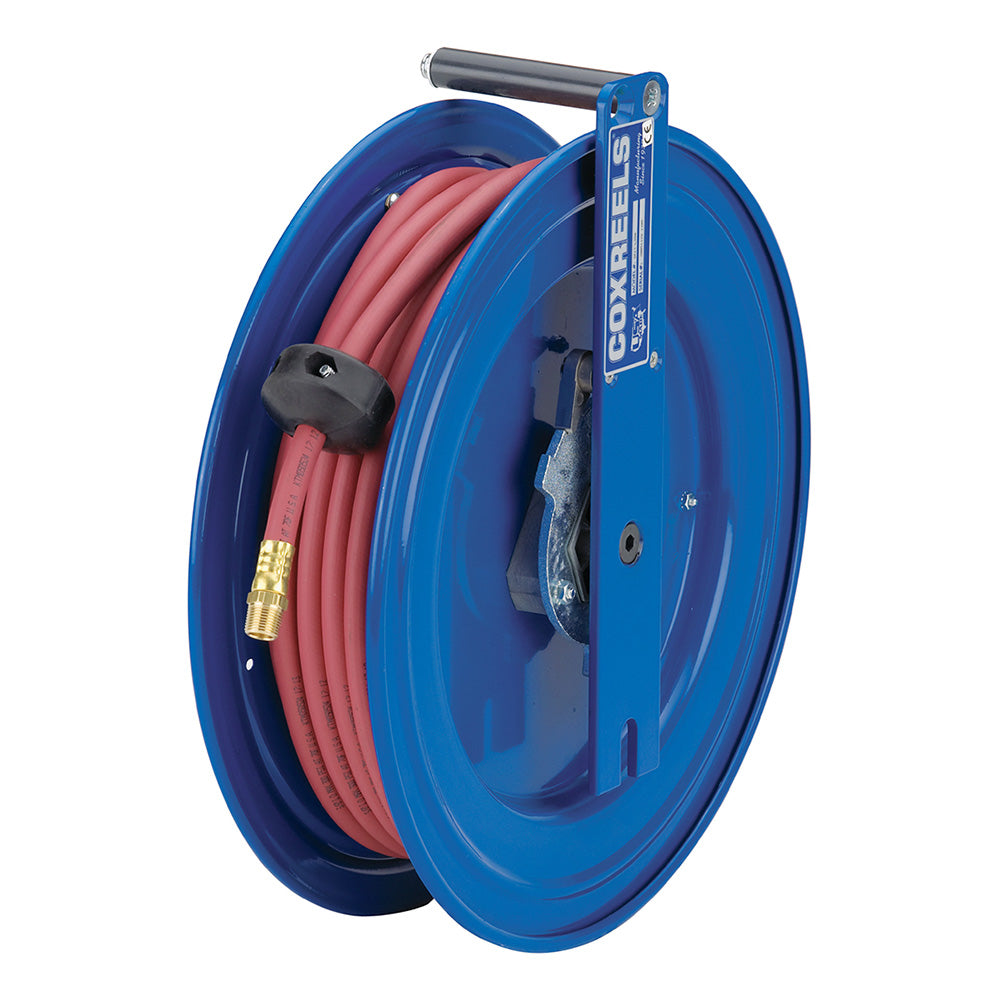 SR17L-L430 by Coxreels | S Series | 300 PSI Right Side Mount Spring Driven Hose Reel for Air & Water | 3/8" Hose ID, 3/8" FNPT Inlet x 3/8" MNPT Hose End | Steel | 50ft PVC Hose Included