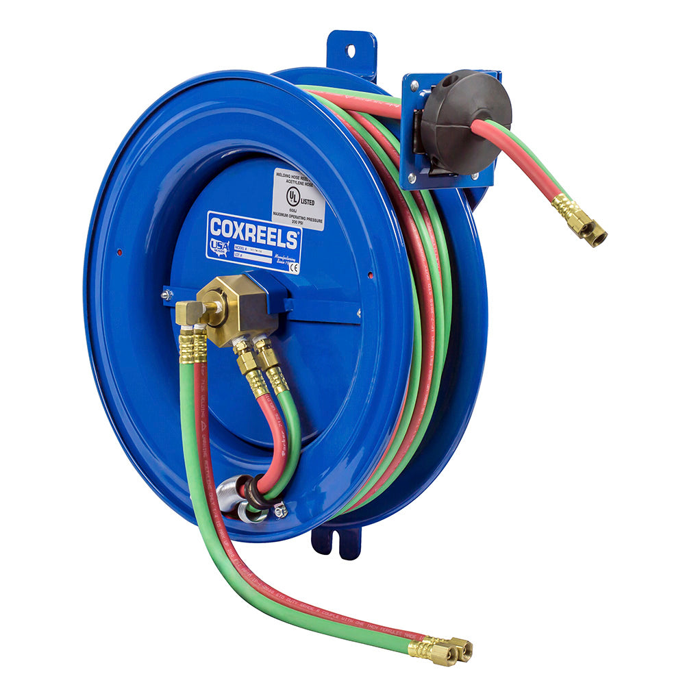 SG17WT-150 by Coxreels | SGW Series | 200 PSI Side Mount Spring Driven Hose Reel with Guide Arm for Oxy-Fuel Welding (T-Grade) | 1/4" Hose ID, 1/4" FNPT Inlet x 1/4" MNPT Hose End | Steel | 50ft Neoprene Hose Included