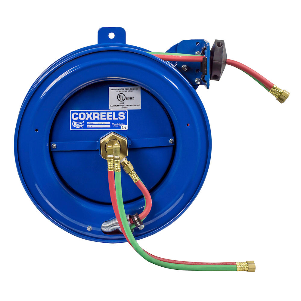 SG17WT-150 by Coxreels | SGW Series | 200 PSI Side Mount Spring Driven Hose Reel with Guide Arm for Oxy-Fuel Welding (T-Grade) | 1/4" Hose ID, 1/4" FNPT Inlet x 1/4" MNPT Hose End | Steel | 50ft Neoprene Hose Included