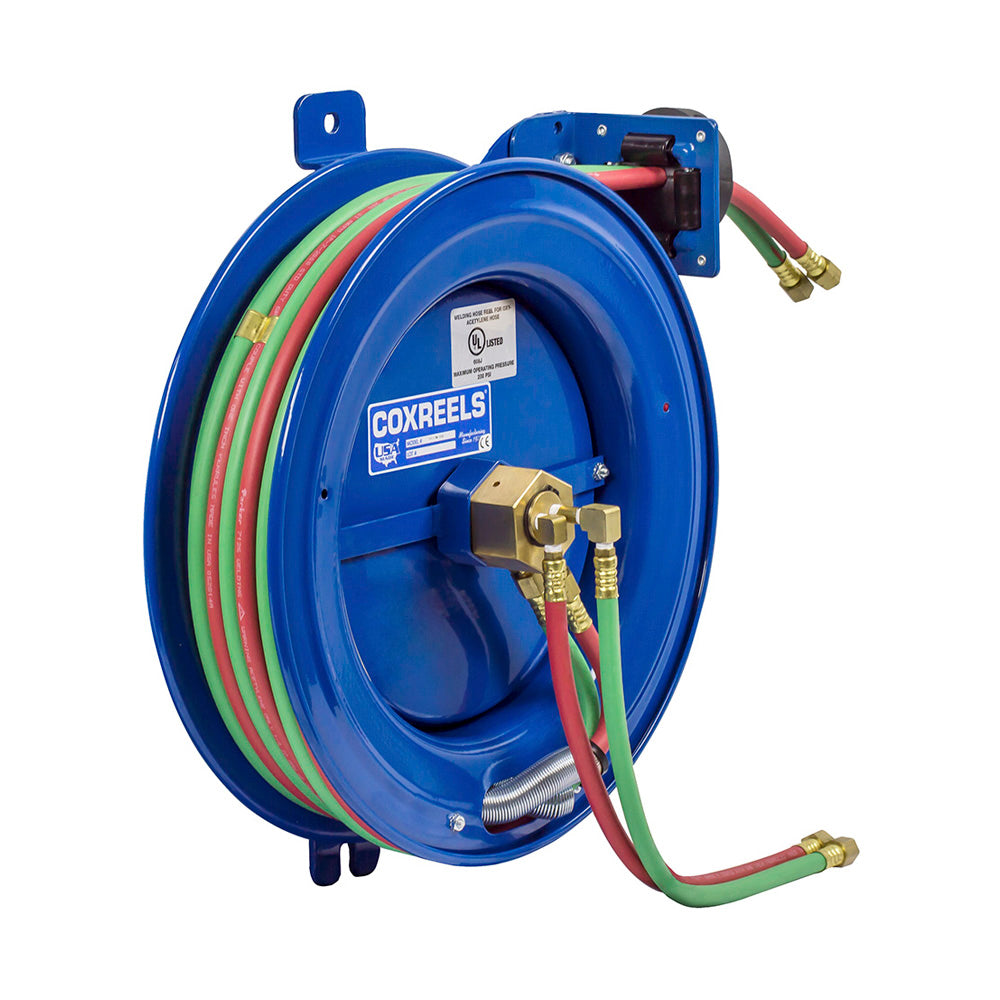 SG17WT-150 by Coxreels | SGW Series | 200 PSI Side Mount Spring Driven Hose Reel with Guide Arm for Oxy-Fuel Welding (T-Grade) | 1/4" Hose ID, 1/4" FNPT Inlet x 1/4" MNPT Hose End | Steel | 50ft Neoprene Hose Included