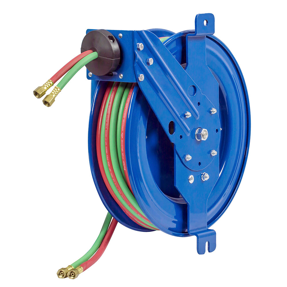 SG17WT-150 by Coxreels | SGW Series | 200 PSI Side Mount Spring Driven Hose Reel with Guide Arm for Oxy-Fuel Welding (T-Grade) | 1/4" Hose ID, 1/4" FNPT Inlet x 1/4" MNPT Hose End | Steel | 50ft Neoprene Hose Included