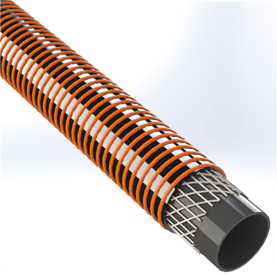 SPVC-TDHD-3.0-100 by Texcel | SIGMA-TDHD™ Series | Heavy-Duty Tank Drop Hose | 3" Hose ID | 65 PSI | 29 in/Hg Vacuum Rated | Black w/ Orange Spiral Yarn