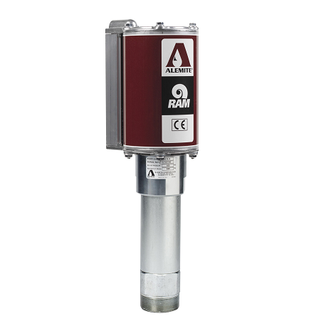9918-A Alemite Oil Pump - Pneumatic RAM - Stationary - Drum Size: Stub - Material Inlet: 1-1/2" NPTF(f) - Material Outlet: 1/2" NPTF(f)