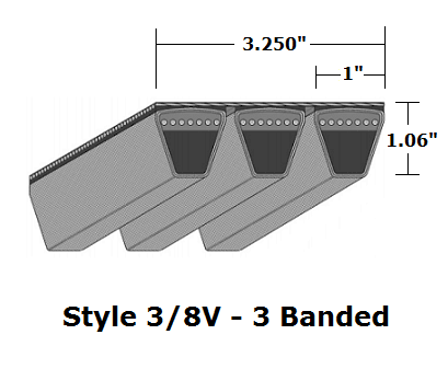 3/8V3350 Wedge 3- Banded Wrapped V- Belt - 3/8V - 335" O. C. - Beltsmart